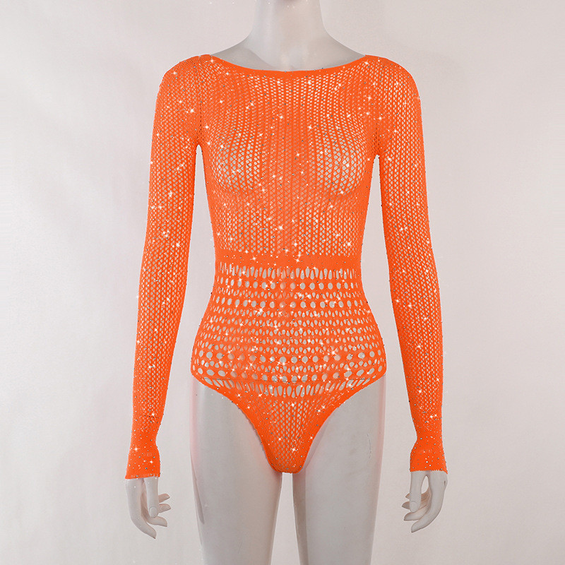 BKLD Φθινοπωρινό Σέξι Διχτυωτό Ολόσωμο Πλεκτό Φθινοπωρινό κορμάκι με μακρυμάνικο μπλουζάκια από στρας