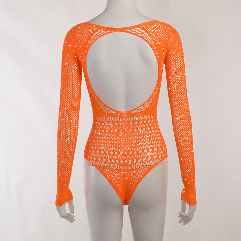 BKLD Φθινοπωρινό Σέξι Διχτυωτό Ολόσωμο Πλεκτό Φθινοπωρινό κορμάκι με μακρυμάνικο μπλουζάκια από στρας