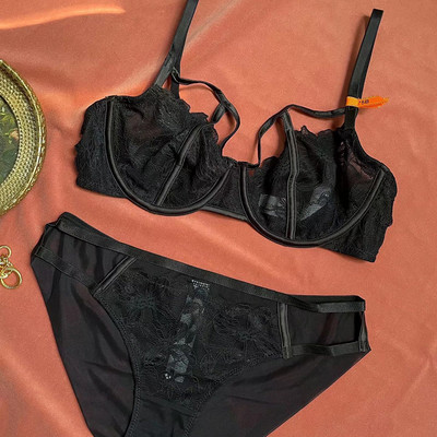 Set de sutien și slip transparent ultra subțire din dantelă scobită lenjerie intimă cu sârmă Femei Lenjerie sexy frumoasă