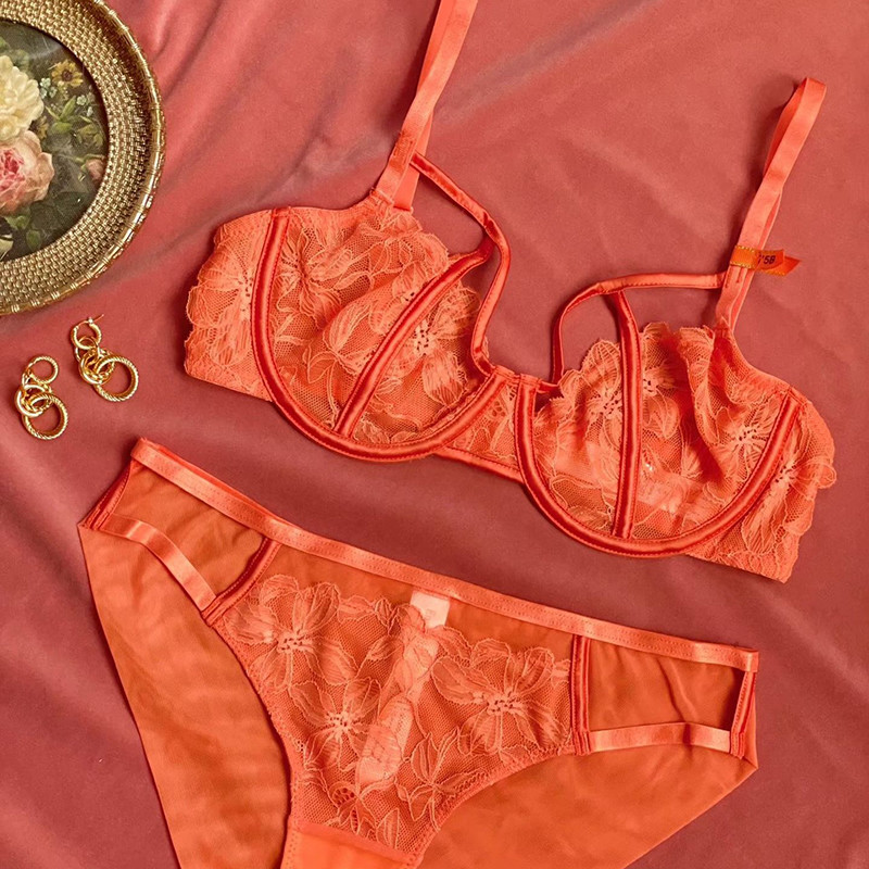 Set de sutien și slip transparent ultra subțire din dantelă scobită lenjerie intimă cu sârmă Femei Lenjerie sexy frumoasă