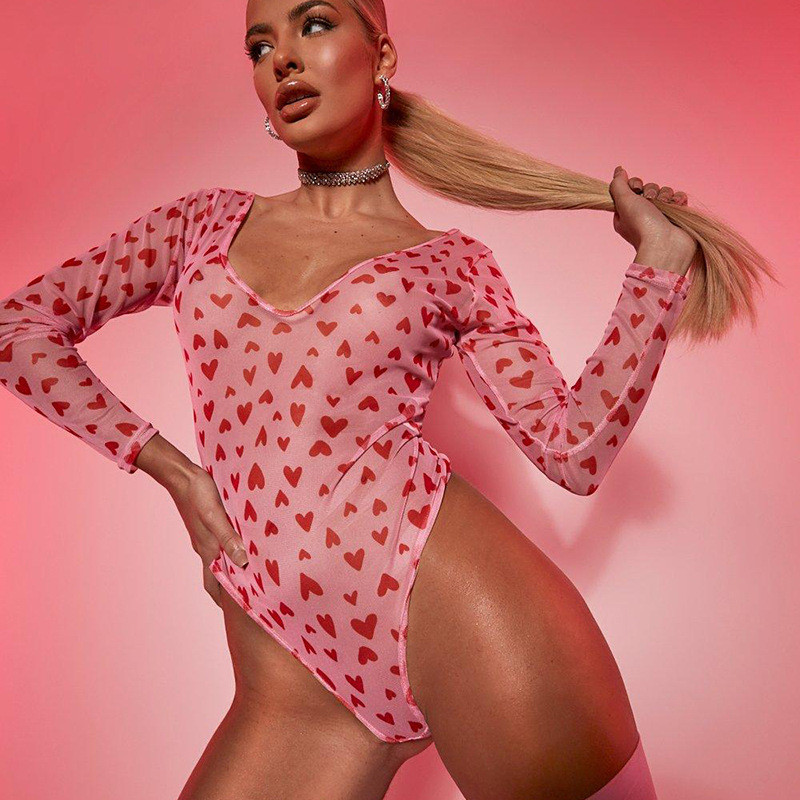 BKLD Ženska odjeća proljeće/ljeto 2021. Novi prozirni mrežasti bodi s V-izrezom s printom srca, dugih rukava, jednodijelna klupska odjeća