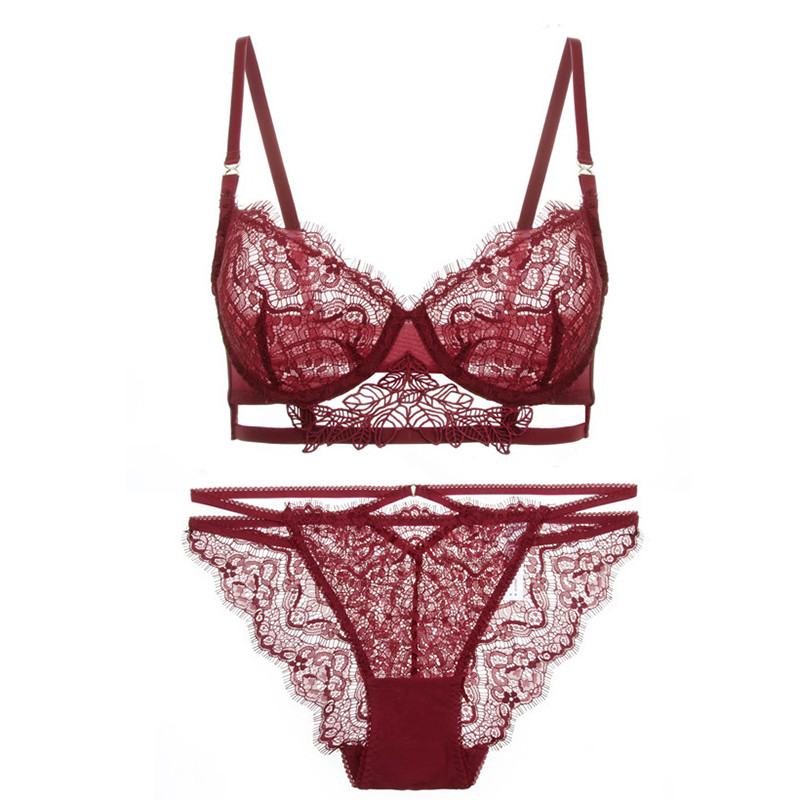 Εξαιρετικά λεπτή διάφανη βλεφαρίδα με δαντέλα σουτιέν και λαβίδες Σετ εσώρουχα με κούφια έξω χωρίς επένδυση Γυναικεία σέξι γαλλικά εσώρουχα BCD