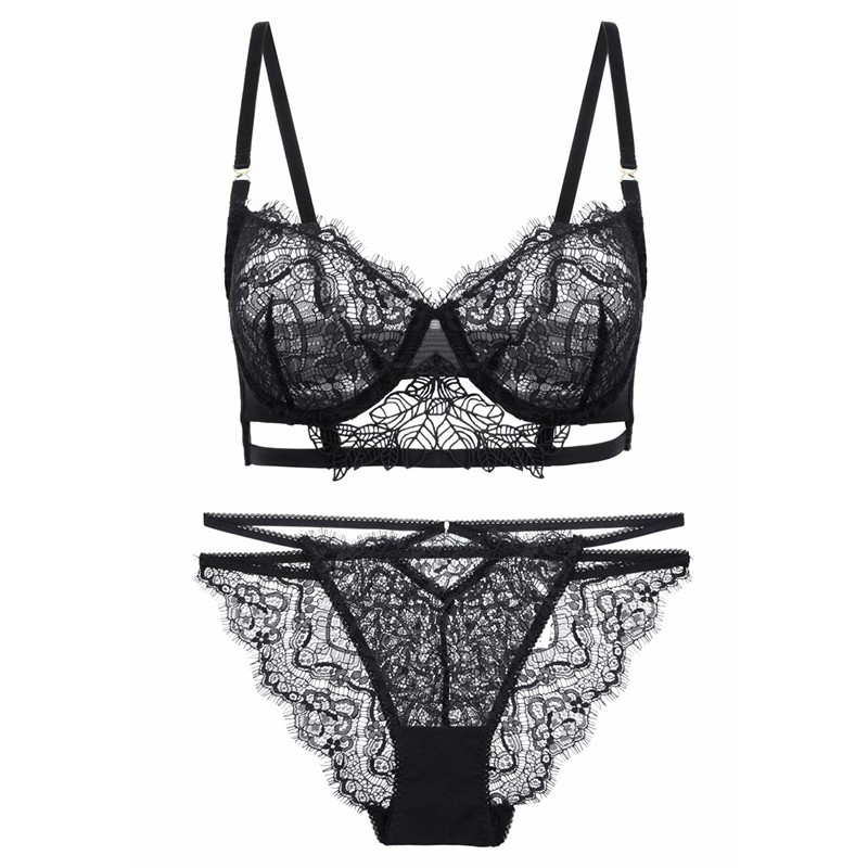 Εξαιρετικά λεπτή διάφανη βλεφαρίδα με δαντέλα σουτιέν και λαβίδες Σετ εσώρουχα με κούφια έξω χωρίς επένδυση Γυναικεία σέξι γαλλικά εσώρουχα BCD