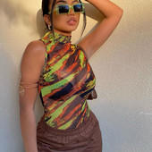 BKLD Îmbrăcăminte pentru femei imprimate la modă 2021, noua vară, sexy, transparentă, cu gât rotund, body subțire din plasă, ținută dintr-o bucată, îmbrăcăminte de club