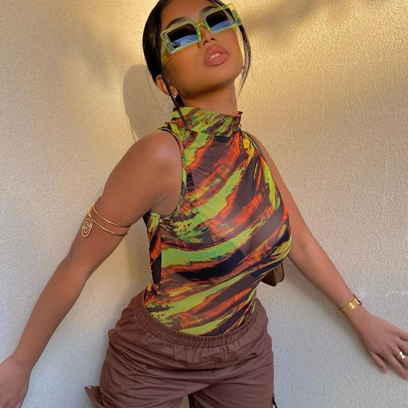 BKLD Îmbrăcăminte pentru femei imprimate la modă 2021, noua vară, sexy, transparentă, cu gât rotund, body subțire din plasă, ținută dintr-o bucată, îmbrăcăminte de club