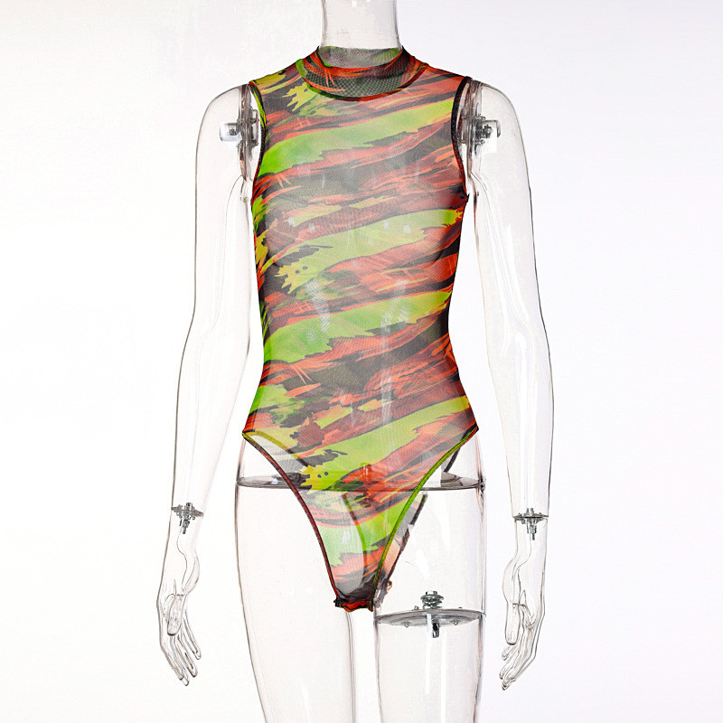 BKLD Îmbrăcăminte pentru femei imprimate la modă 2021, noua vară, sexy, transparentă, cu gât rotund, body subțire din plasă, ținută dintr-o bucată, îmbrăcăminte de club