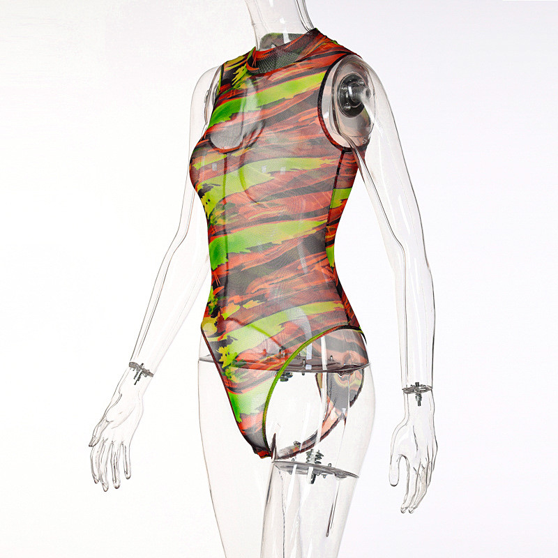 BKLD Îmbrăcăminte pentru femei imprimate la modă 2021, noua vară, sexy, transparentă, cu gât rotund, body subțire din plasă, ținută dintr-o bucată, îmbrăcăminte de club