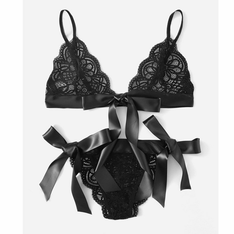 Γραβάτα Σέξι Γυναικείες Babydoll Φιόγκος Σετ εσώρουχα με χτένισμα Σουτιέν εσωρούχων Δαντέλα Σέξι εσώρουχα Push-Up σουτιέν Crop