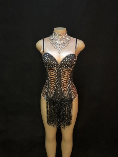 Naiste seksikas lavabody Must tutt hõbedased sädelevad kristallid Jumpsuit ööklubi sünnipäevapeoks Laulja tantsukostüümid