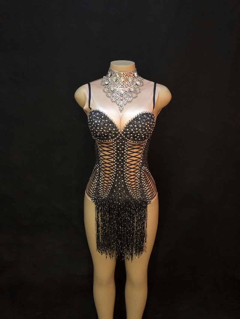 Naiste seksikas lavabody Must tutt hõbedased sädelevad kristallid Jumpsuit ööklubi sünnipäevapeoks Laulja tantsukostüümid