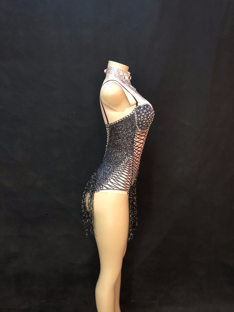 Naiste seksikas lavabody Must tutt hõbedased sädelevad kristallid Jumpsuit ööklubi sünnipäevapeoks Laulja tantsukostüümid