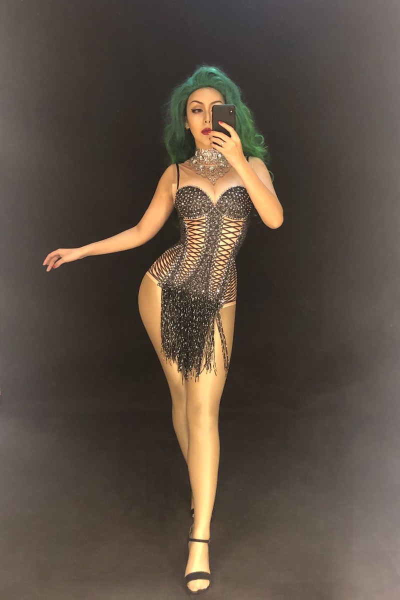 Naiste seksikas lavabody Must tutt hõbedased sädelevad kristallid Jumpsuit ööklubi sünnipäevapeoks Laulja tantsukostüümid