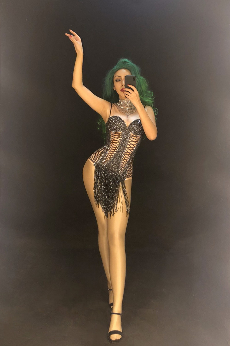 Naiste seksikas lavabody Must tutt hõbedased sädelevad kristallid Jumpsuit ööklubi sünnipäevapeoks Laulja tantsukostüümid