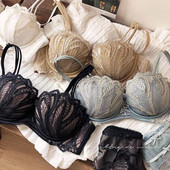 Broderie sexy din dantelă Shell Jumătate de cupă Sâni mici Set sutien Push Up Îngroșare Pad reglabil Sutien Chiloți Lenjerie de corp fete