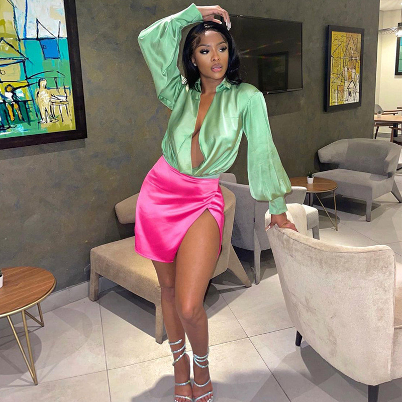 DSMTRC Satin gulere balansoare Elegante, sexy, verde, pline, patchwork, fund din plasă, cu decolteu în V adânc, body casual pentru birou pentru femei