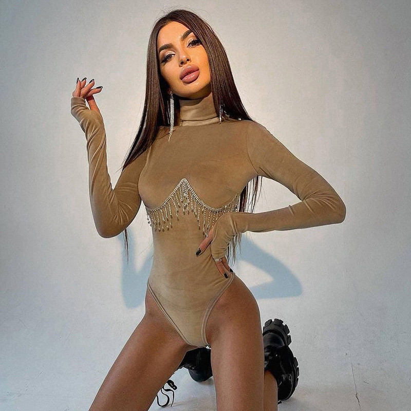 DSMTRC Naiste Rose Red Tops Slim Club Party Velvet Bodysuits Riided Crystal Tuts Chain Elegantne pikkade varrukatega Turtleneck Bodysuit