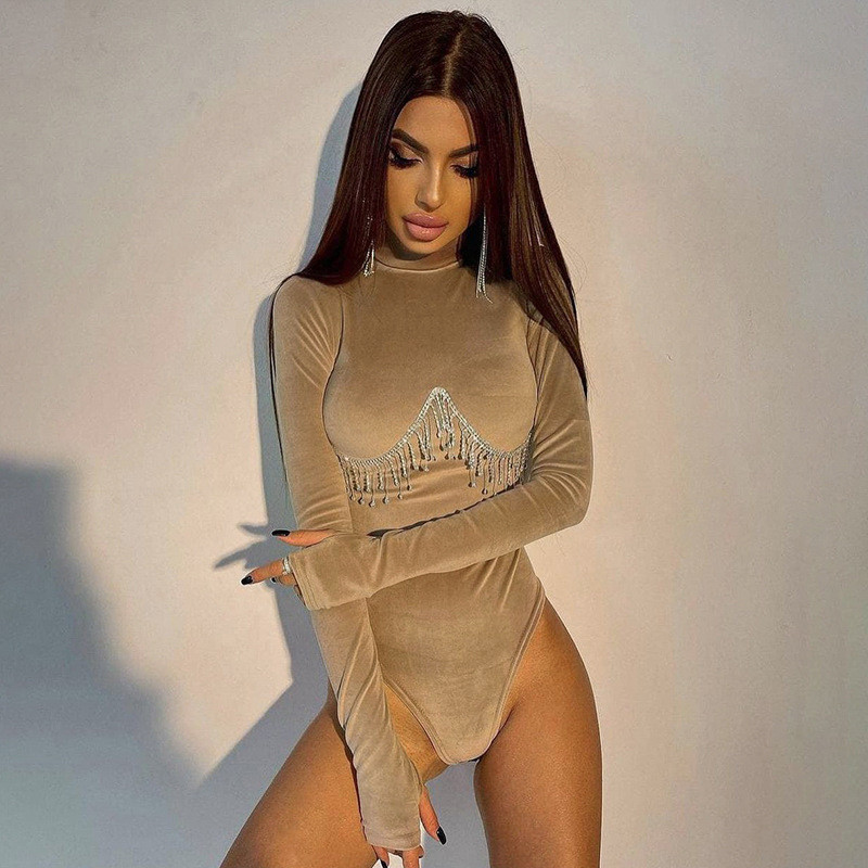 DSMTRC Naiste Rose Red Tops Slim Club Party Velvet Bodysuits Riided Crystal Tuts Chain Elegantne pikkade varrukatega Turtleneck Bodysuit