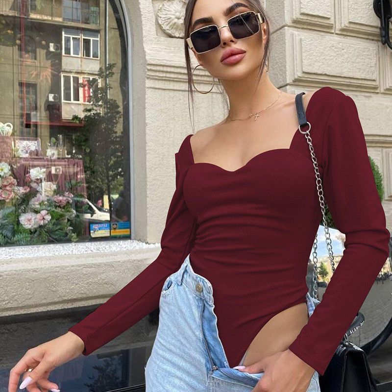 DSMTRC Topuri de bază pentru femei Salopete skinny Body cu talie înaltă Body pentru petrecere în club, solid, cu mânecă lungă, sexy, fără spate, elegant