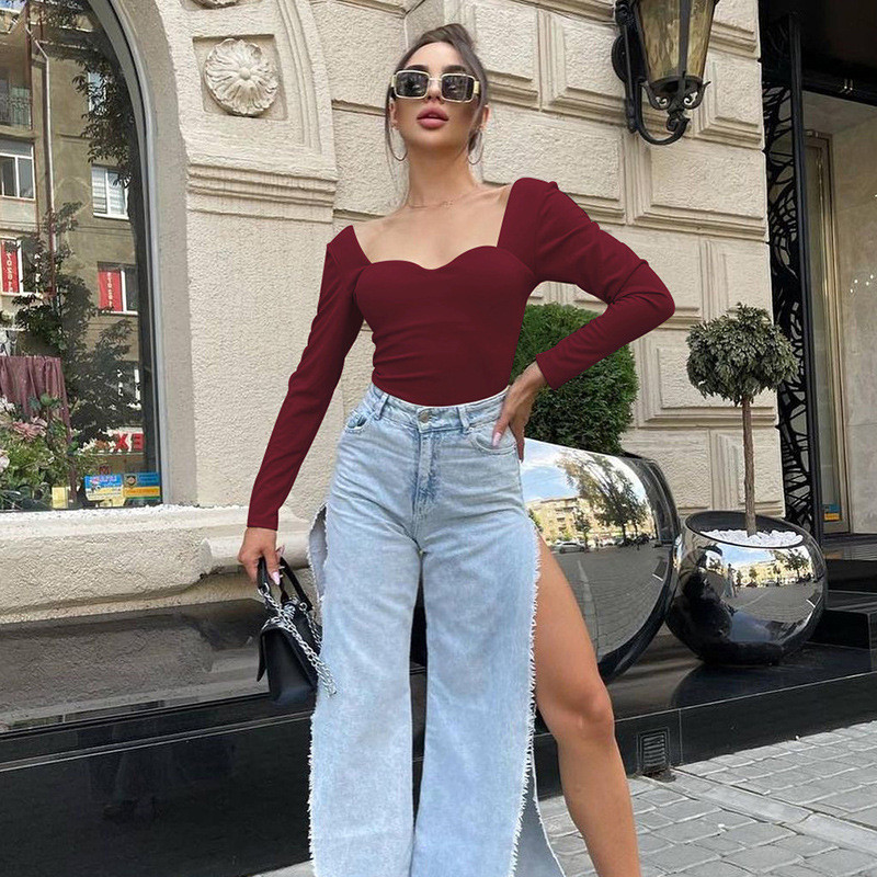 DSMTRC Topuri de bază pentru femei Salopete skinny Body cu talie înaltă Body pentru petrecere în club, solid, cu mânecă lungă, sexy, fără spate, elegant