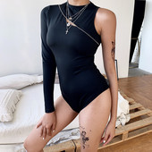 Νέο μαύρο μονόμανικο, σέξι γυναικείο κορμάκι, μακρυμάνικο, λεπτή στρογγυλή λαιμόκοψη, κούφιο έξω, Γυναικεία φθινοπωρινή φόρμα με ψεύτικο φερμουάρ