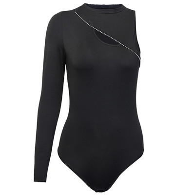 Νέο μαύρο μονόμανικο, σέξι γυναικείο κορμάκι, μακρυμάνικο, λεπτή στρογγυλή λαιμόκοψη, κούφιο έξω, Γυναικεία φθινοπωρινή φόρμα με ψεύτικο φερμουάρ