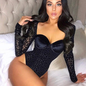 Body cu plasă leopard transparent pentru femei, sexy, negru, cu gât pătrat, în formă de sutien, cu mânecă lungă, bodycon, chic, elegant, 2019