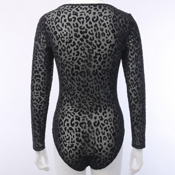 Διχτυωτό Leopard See Through Γυναικείο Σέξι Μαύρο Σουτιέν με τετράγωνο λαιμό Μακρυμάνικο Bodycon Κομψό σώμα 2019