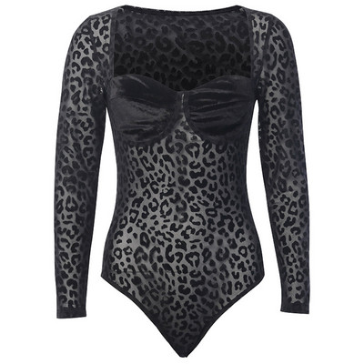 Body cu plasă leopard transparent pentru femei, sexy, negru, cu gât pătrat, în formă de sutien, cu mânecă lungă, bodycon, chic, elegant, 2019