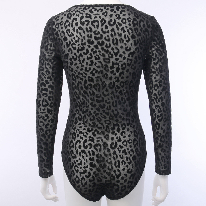 Body cu plasă leopard transparent pentru femei, sexy, negru, cu gât pătrat, în formă de sutien, cu mânecă lungă, bodycon, chic, elegant, 2019