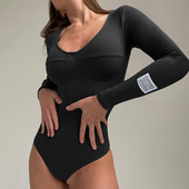 DSMTRC 2021 Το νεότερο φθινοπωρινό μαύρο κορμάκι για γυναίκα Ολόσωμο μονόχρωμο πλεκτό με ραβδώσεις με μακρυμάνικο λαιμόκοψη σέξι μπλουζάκια σώματος