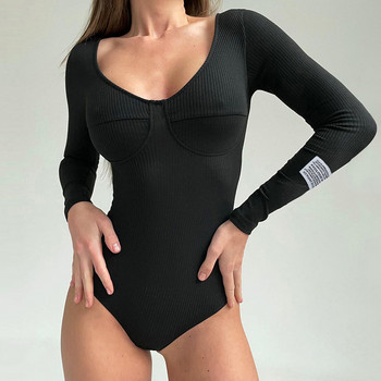 DSMTRC 2021 Το νεότερο φθινοπωρινό μαύρο κορμάκι για γυναίκα Ολόσωμο μονόχρωμο πλεκτό με ραβδώσεις με μακρυμάνικο λαιμόκοψη σέξι μπλουζάκια σώματος