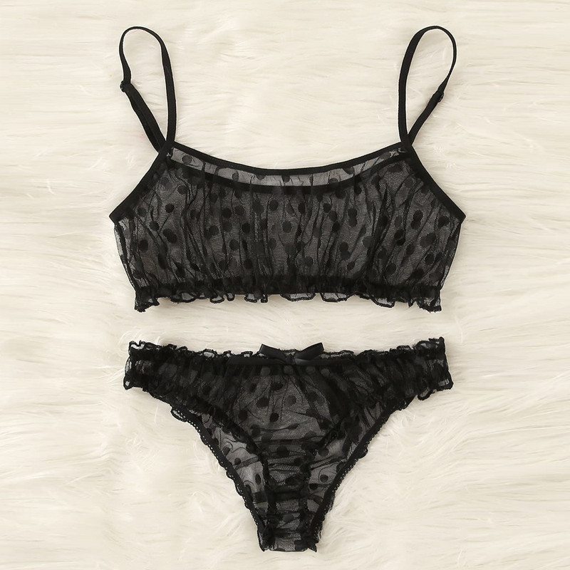 Σουτιέν Σετ Γυναικεία Σέξι Dot Mesh Σουτιέν Bowknot Σώβρακο Sleepwear Μαύρα εσώρουχα Σετ S-XL Γυναικεία εσώρουχα για κορίτσι Σέξι εσώρουχα