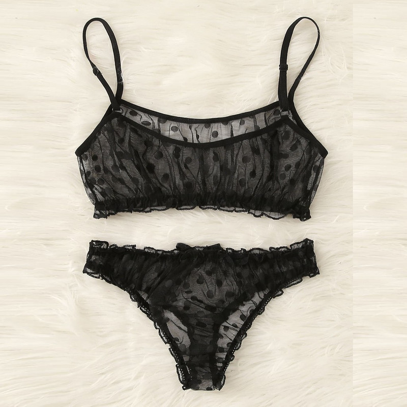 Σουτιέν Σετ Γυναικεία Σέξι Dot Mesh Σουτιέν Bowknot Σώβρακο Sleepwear Μαύρα εσώρουχα Σετ S-XL Γυναικεία εσώρουχα για κορίτσι Σέξι εσώρουχα