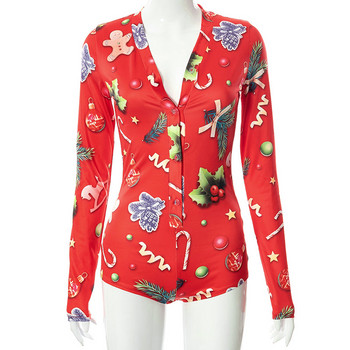 DSMTRC 2022 Winter Elegant Patry Club Outfit Holiday Christmas Print Polo λαιμόκοψη με μακρυμάνικα κουμπιά Σέξι κορμάκι Bodycon