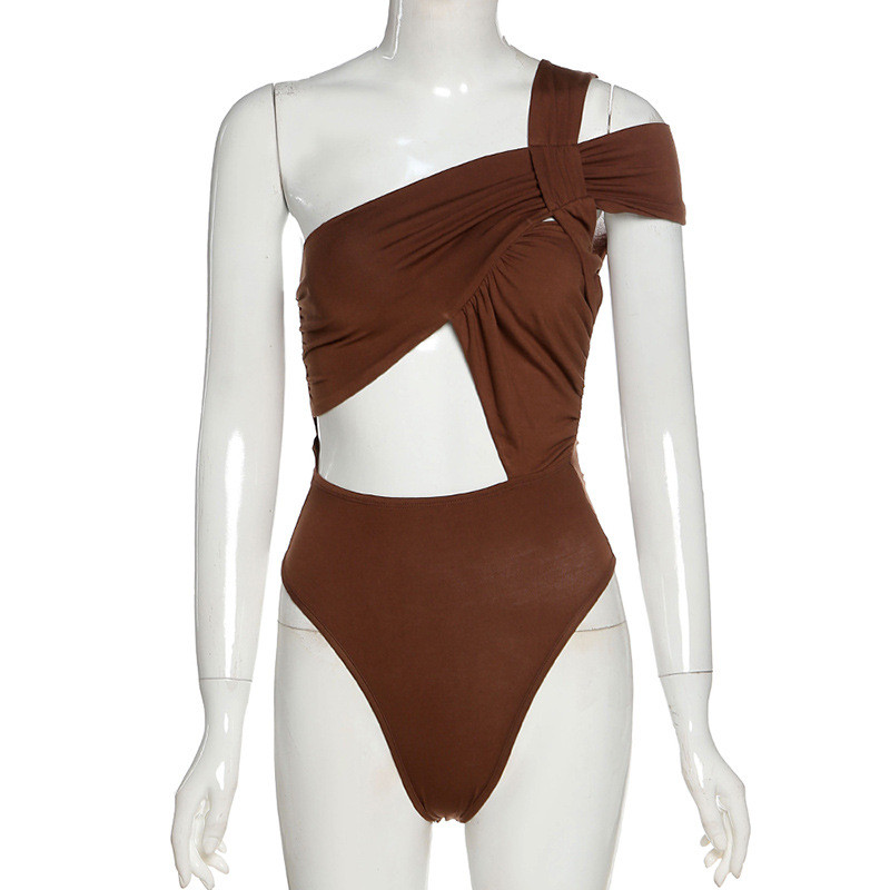 2021. gada šauri izšūcinoši ielu apģērbu klubs Onesies brūni unikāli sieviešu bodiji, seksīgi, izgriezti caurumi, viena pleca rombiņi jaunākie