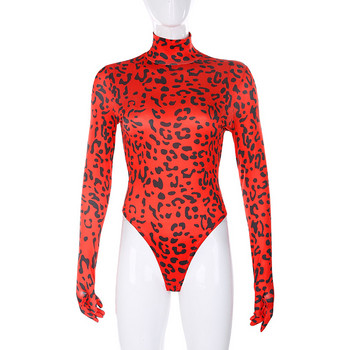 Неоново леопардово дамско боди с ръкавици Rave Body Mujer Гащеризон с висока яка с дълъг ръкав Основни бодита Есен Зима 2021 Ново