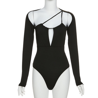 DSMTRC Femei Sexy Skinny Decolteu mânecă lungă Gât neregulat Streetwear Femei Stretchy ținute Body decupat unic