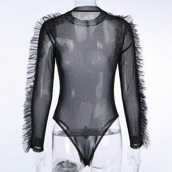 2020 ново горещо секси прозрачно боди с мрежесто тънко дамско клубно облекло с пискюли и дълги ръкави с О-образно деколте, мрежести прозрачни черни еластични гащеризони