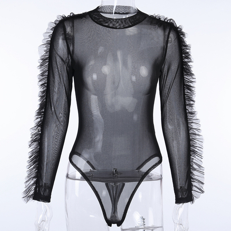 2020, Body transparent, sexy, subțire, pentru femei, cu ciucuri, cu mânecă lungă, cu gâtul în formă de plasă, salopete elastice negre transparente