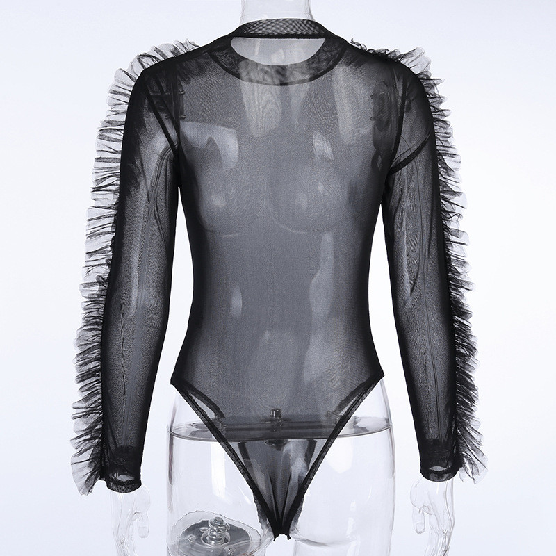 2020, Body transparent, sexy, subțire, pentru femei, cu ciucuri, cu mânecă lungă, cu gâtul în formă de plasă, salopete elastice negre transparente