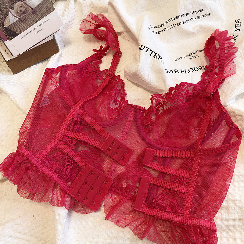 Set de sutiene cu broderie din dantelă florală din plasă cu buline Lenjerie sexy pentru femei