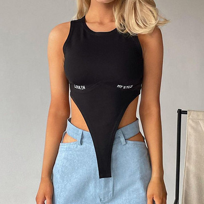 DSMTRC Body de vară pentru femei, cu litere de broderie, sexy, fără mâneci, cu croiala înaltă, maiou, 2021, costum de bază Y2K, la modă de stradă
