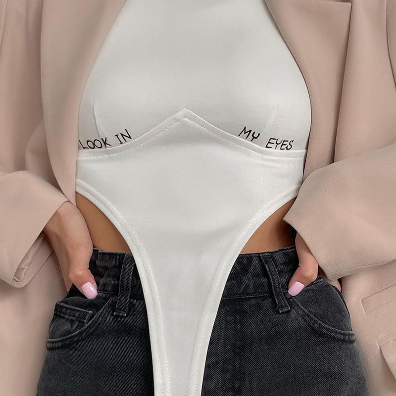 DSMTRC Body de vară pentru femei, cu litere de broderie, sexy, fără mâneci, cu croiala înaltă, maiou, 2021, costum de bază Y2K, la modă de stradă