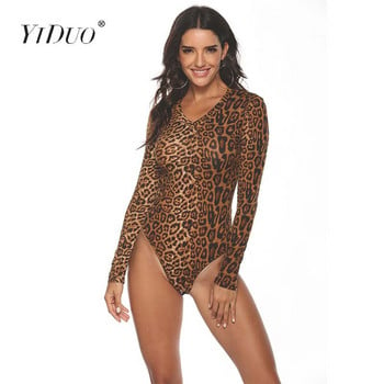 YiDuo Sexy Leopard Animal Tiger Snake Bodysuit Γυναικεία φόρμα με μακρύ μανίκι V-λαιμόκοψη Κοντή ολόσωμη φόρμα Romper One Piece Femme