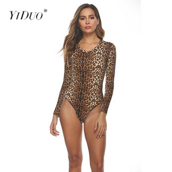 YiDuo Sexy Leopard Animal Tiger Snake Print Bodysuit Дамско боди с дълъг ръкав и V-образно деколте Къс гащеризон Romper One Piece Femme