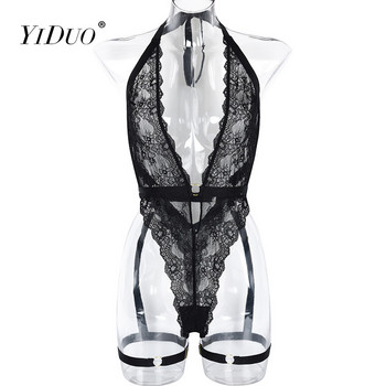 YiDuo 2022 New Women Deep V Neck Lace Up Μαύρα σέξι κορμάκια Halter Backless bodis sexis para mujer Club Γυναικεία γατούλα με δαντέλα