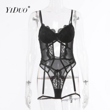 YiDuo Transparent Bodysuit Women Erotic Hollow Out Lace Body Sexy Black Lingerie Top Mesh Catsuit One Piece Bandage Body Suits