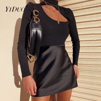 Body cu mânecă lungă pentru femei YiDuo Topuri elastice Bodycon, negru, subțire, haine de club, salopete sexy de iarnă, îmbrăcăminte de stradă scobită