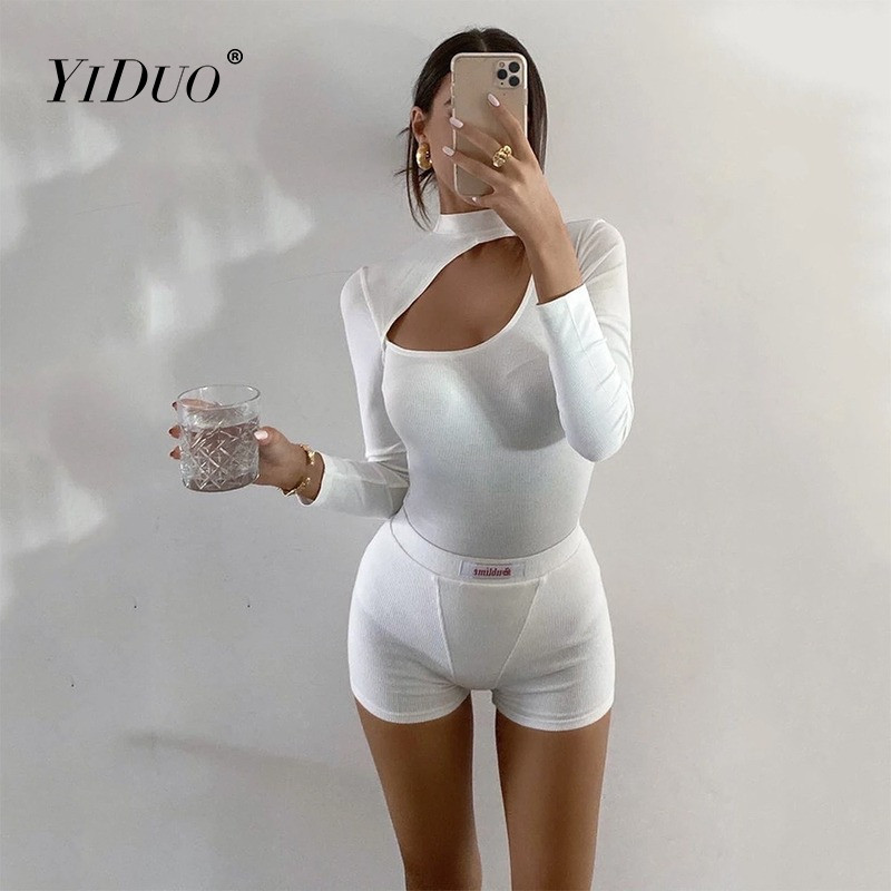 Body cu mânecă lungă pentru femei YiDuo Topuri elastice Bodycon, negru, subțire, haine de club, salopete sexy de iarnă, îmbrăcăminte de stradă scobită