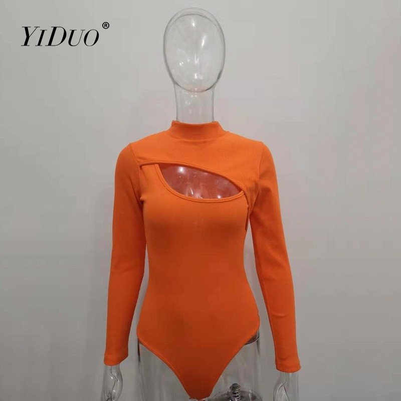 Body cu mânecă lungă pentru femei YiDuo Topuri elastice Bodycon, negru, subțire, haine de club, salopete sexy de iarnă, îmbrăcăminte de stradă scobită